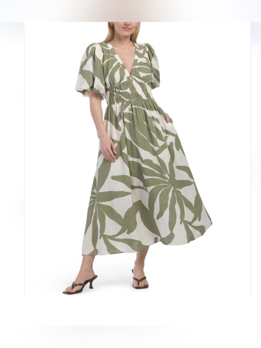 White Closet sage green and white linen blend midi dress with puff sleeves
